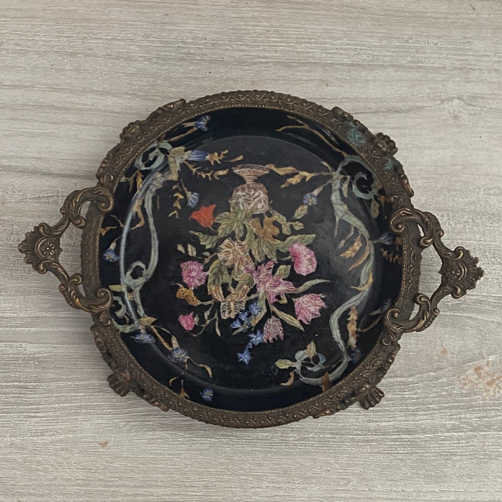 Vintage Floral Embroidered Tray with Handles